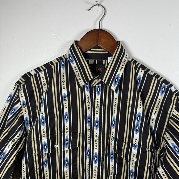 Plains Western Wear Southwest Aztec Pearl Snap Shirt Medium Black Blue VTG - Picture 3 of 14